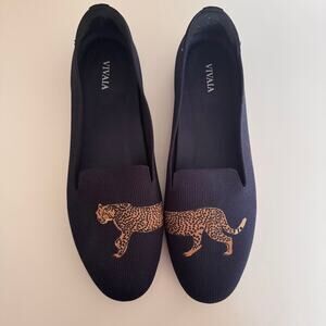 VIVAIA Round-Toe Embroidered Loafers Audrey Leopard Flats Navy Blue Size 10.5